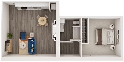 A split image of a room showing a living area and a bedroom.